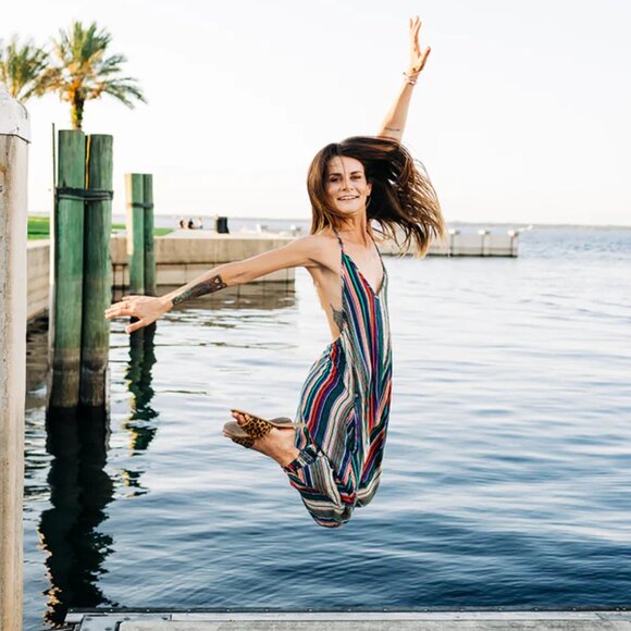 Stripe Harem Jumpsuit Halter Neck Tapered Leg Yoga Travel Boho Green Stripes - Picture 8 of 8